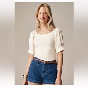J Crew Womens Vintage Rib Cotton Poplin Puff Sleeve Top Beige Size M